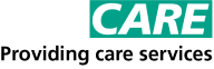 DHSC logo. The logo says Care in white text with a green box around. It then says providing care services in black text.