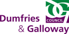 Dumfries and Galloway Council logo. The logo shows a white d and g in a green box with the word council below in a purple box. The text Dumfries & Galloway is show below in purple.