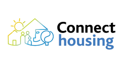 Logo for connect housing. Logo shows an illustration of a house, with a sun setting and 3 people.