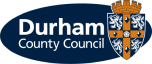 Durham County Council Logo. The logo have white text with a blue oval background. There is a shield and crown.