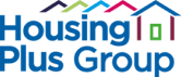 Logo for Housing Plus Group. Logo shows Housing Plus Group in blue text with an illustration of multi-coloured roofs above and a house to the right creating a street scene.