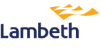 London Borough of Lambeth logo. The logo shows the word Lambeth in blue text. With a yellow flag above.