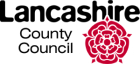 Lancashire County Council logo. The logo shows a red rosette beneath the word Lancashire with the words County Council next to the rosette.