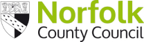 Norfolk County Council logo. The logo shows a shield, Norfolk in green text and the words county council in black text below.