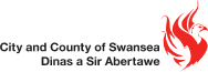 Swansea council logo. The logo shows the text City and County of Swansea. Dinas a Sir Abertawe. And a red bird.
