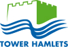 London Borough of Tower Hamlets logo. The logo shows a green castle with blue river below and Tower Hamlets text in blue below the river.