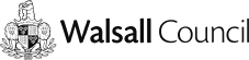 Walsall Council logo. The logo shows a shield with leaves below and the text Walsall Council.