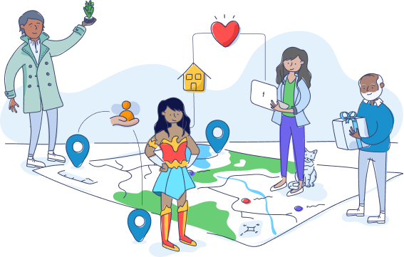 Illustration of 4 people to show CSR (Corporate Social Responsibility). A man is holding a plant, a lady is dressed as a superhero, a lady with a laptop is stood on top of a map of the world and a man is holding a present.