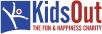 Logo for Kids out with a blue box with a white stick figure