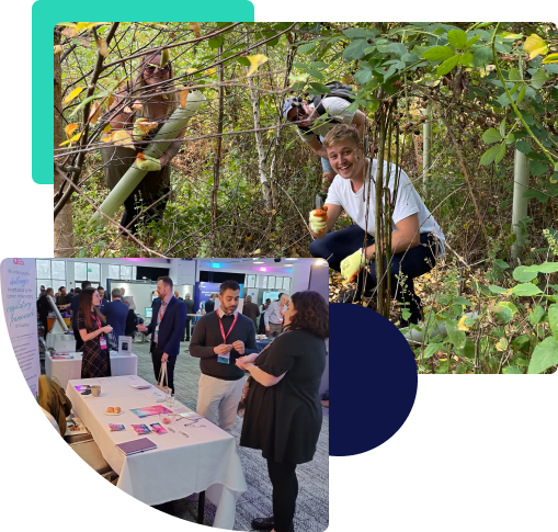 Photo collage from left to right showing our team talking to attendees at a conference, and our colleagues supporting efforts to remove plastic from woodlands