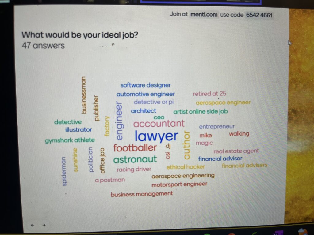 Image of the virtual youth conference. This shows students answers when asked what would be your ideal job? Answers included lawyer, accountant, footballer, astronaut, CEO, engineer, postman, office job, business management and financial adviser.