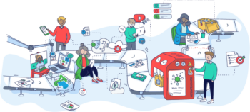 Illustration of a conveyer belt. There is a world map with location pins, a laptop with teams open on it, a cloud with a shield, copies of reports, a luggage scanner, a toolbox, a cloud with a padlock and 4 people who are helping to control the operation.