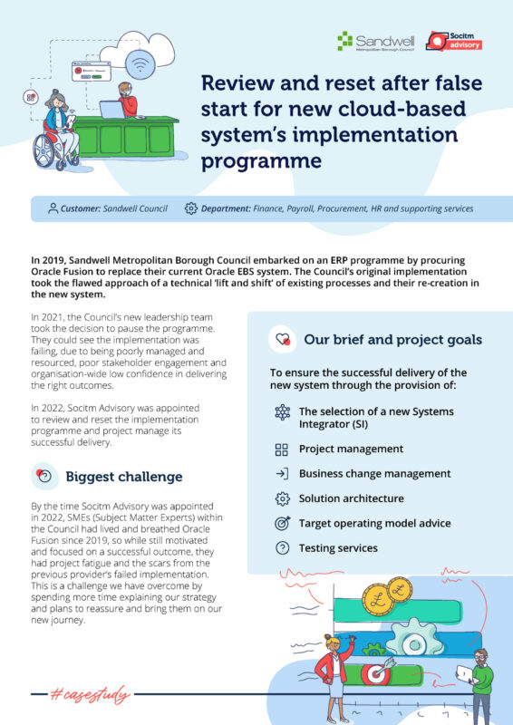 Front cover for Sandwell Metropolitan Borough Council case study; Review and reset after false start for new cloud-based system's implementation programme.