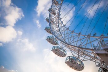 An image of the London Eye looking up towards the sky