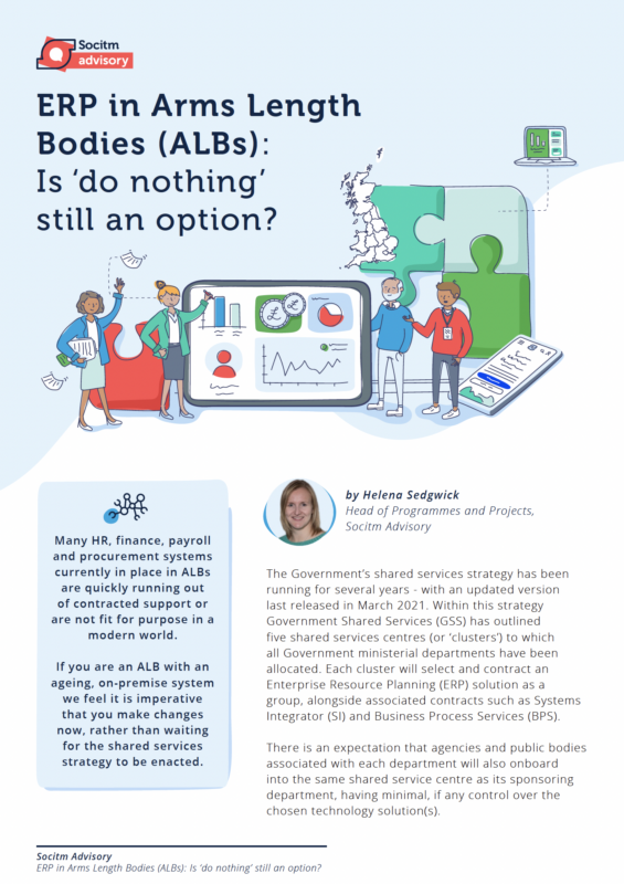 ERP in ALBs cover page: An image of the cover to a blog piece titled ERP in Arms Length Bodies (ALBs): Is 'do nothing' still an option? The blog is written by Helena Sedgwick, Head of Programmes and Projects at Socitm Advisory.