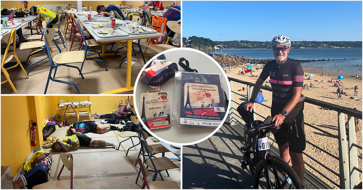 Images in a collage style from CEO Tony Summers Paris to Brest to Paris cycle challenge. To the left side of the photo is the basic sleeping and eating facilities they had on route. In the middle is Tony's finishers medal. To the right is Tony at Brest beach with his bike.