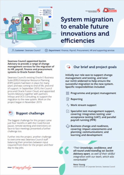 Preview of case study PDF document for Swansea case study; system migration to enable future innovations and efficiences