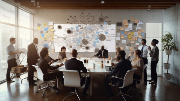 Colleagues working in an office environment in a meeting with a large board showing ideas and tools to develop