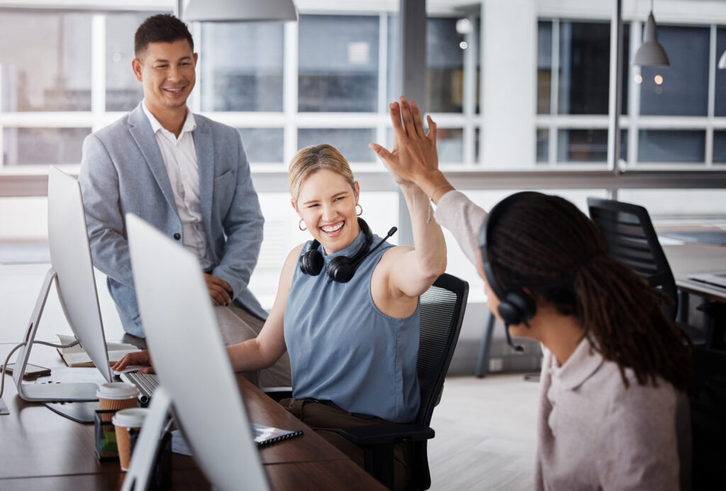 Customer support high five, consulting or team celebrate telemarketing success, contact us CRM goals or ERP telecom. Call center diversity, ecommerce winner or happy technical support consultant.
