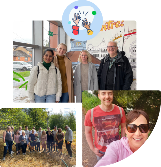 Collage showing from left to right our team in Scotland standing in front of an illustrative wall supporting digital skills, our team at the Socitm Woodland helping the Heart of England Forest maintain woodland, and two of our team dressed in pink walking for cancer awareness on a canal path