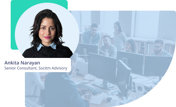Headshot of socitm advisory senior consultant ankita narayan overlayed on a semi-transparent image showing a group of people in an office discussing and crowded around a computer