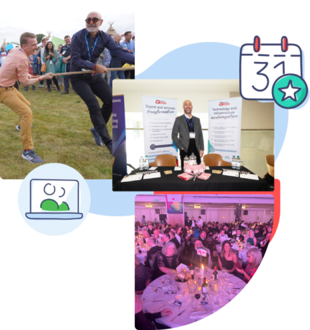 photos left to right - first two of our colleagues playing tug of war in a field, second one of our colleagues standing at a conference stand with banners and merch, and third our colleagues sat around a dinner table in formal dress