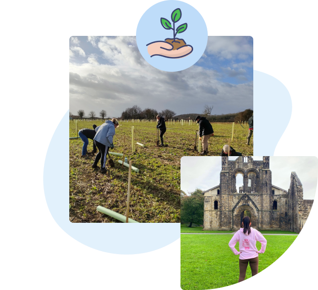 photo on the left of a group of our team planting trees in a field, and on the right one of our colleagues facing away from camera in front of a church with a pink cancer tshirt on