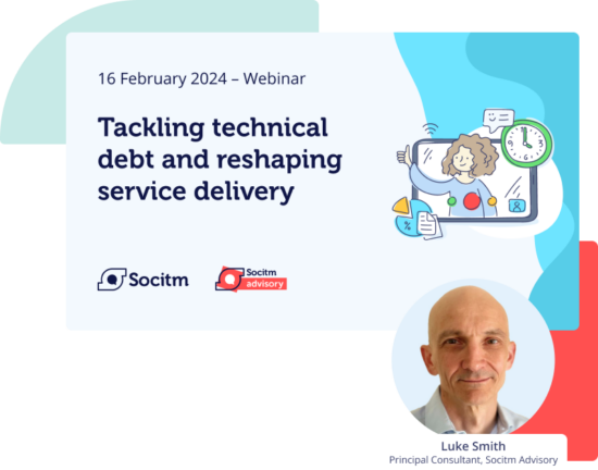 cover for webinar session with title - tackling technical debt and reshaping services design - with headshot of principal consultant luke smith