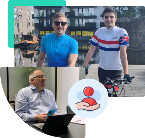 top right shows two of our colleagues with their bikes, bottom left shows one of our colleagues laughing in a meeting room