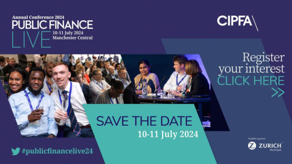Event banner for CIPFA Public Finance Live event 2024 showing save the date CTA button and photograph of a group of people presenting on a stage