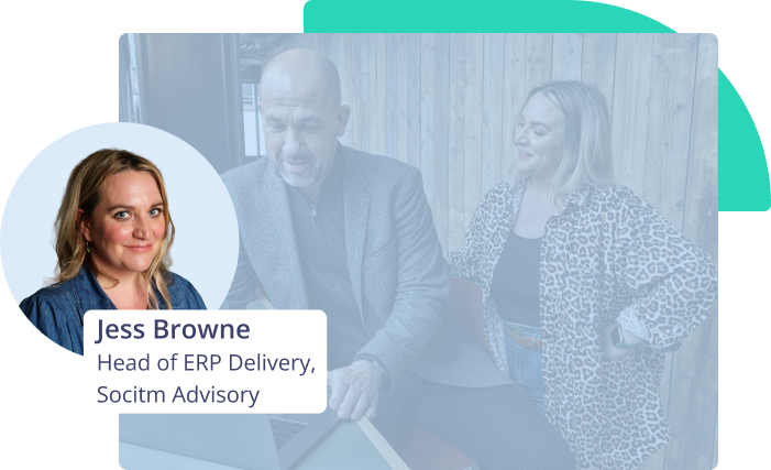 photo of two colleagues discussing over a laptop, with a headshot in a circle to the left of the image of Jess Browne, Head of ERP Delivery for Socitm Advisory