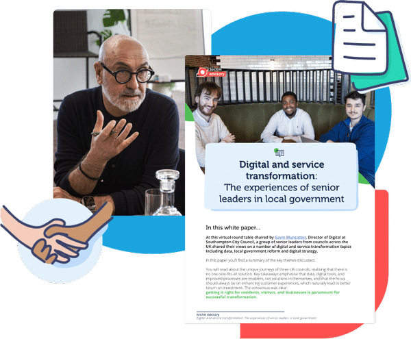 to the left is a photo of a male employee talking across a table, gesturing with his right hand raised. to the right is the front cover of the PDF white paper for digital and service transformation: experiences from local government senior leaders