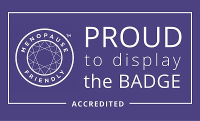 Logo with the words Proud to display the menopause friendly badge accredited